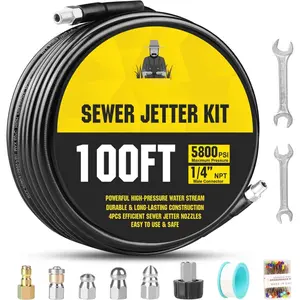 Washer Drain Jetter - Sewer Jetter Kit for  Washer 100ft 1/4 Inch NPT Hose Nozzles and Adapter 5800PSI Clears Clogs in Pipes & Sewer Lines