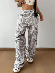 American Vintage Leaf Camo All-Over Print Wide Leg Pants, Casual Loose-Fit Drawstring Waist, Streetwear for All Seasons