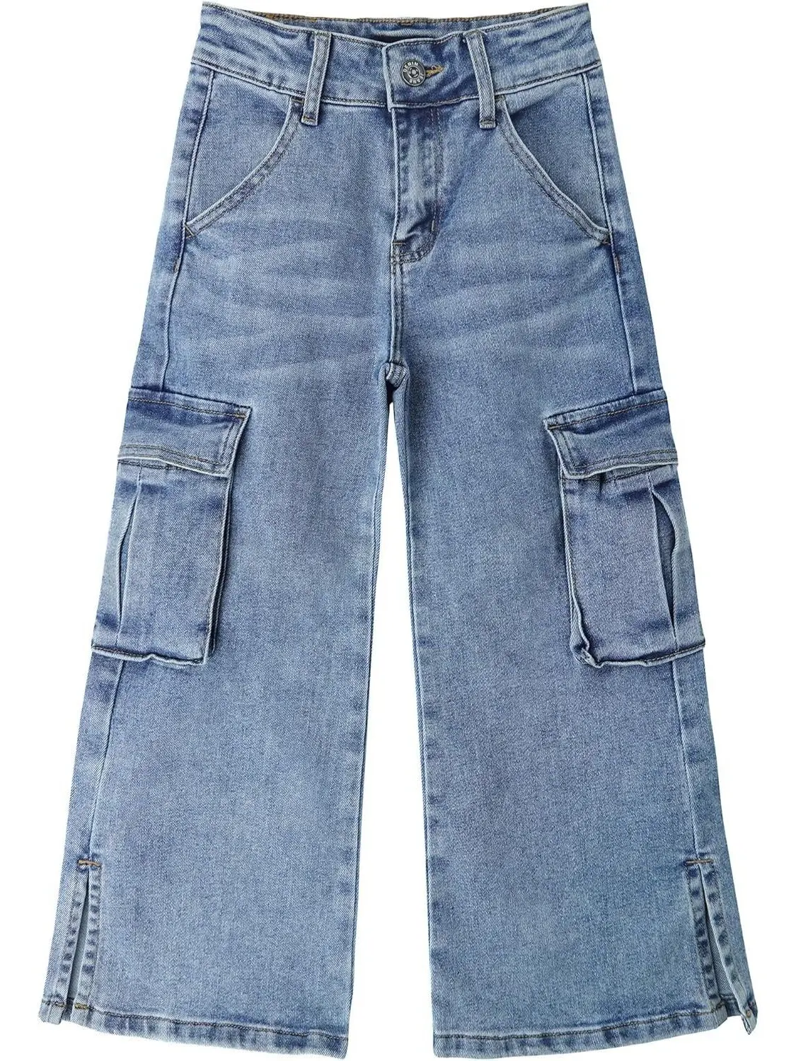 Kidscool Space Girls Wide Leg Cargo Jeans Light Wash Denim Pants Flap Pocket Split Hem Loose Fit Elastic Waist Trendy Casual Trousers for Daily Outfits, Everyday Outfits, Elastane, Light Wash Pants, Flap Closure Both Sides, 4 - 5 Years