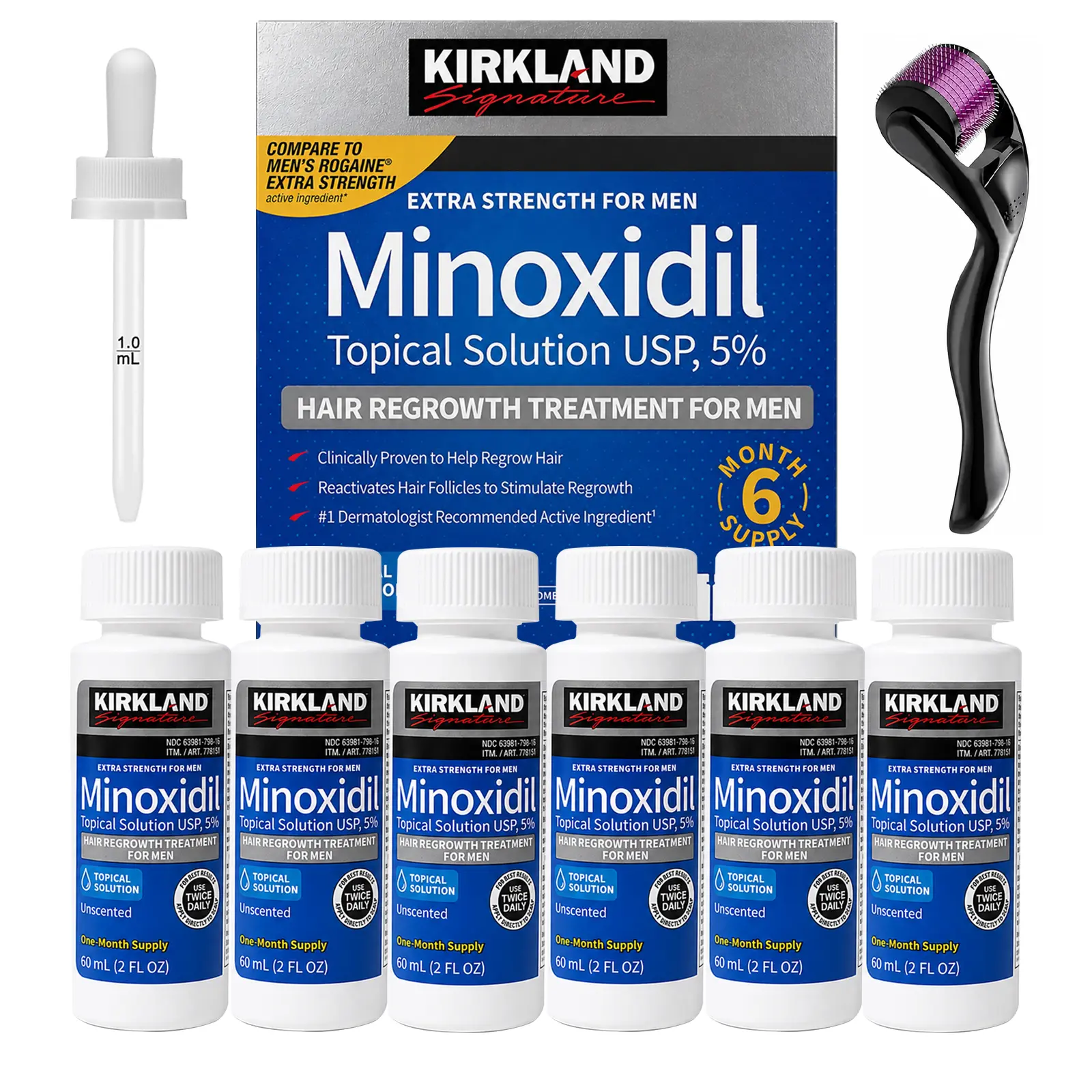 Kirkland 5% Minoxidil Topical Solution Universal Kit for Men, 6 Months Supply - Includes Precision Dropper Applicator for Daily Beauty, Grooming & Personal Care Routine