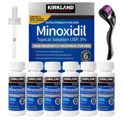 Kirkland 5% Minoxidil Topical Solution Unisex Hair Growth Kit for Adults - 6-Month Supply, Precision Dropper Applicator, Low Toxic Support, Haircare Anti-Thinning & Shedding Solution