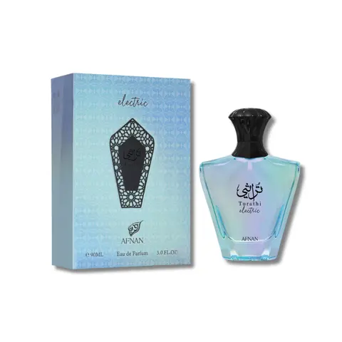 Afnan Turathi Electric Unisex Arabian Eau De Parfum (EDP) Spray - 3.0 fl oz Alcohol-Based Regular Edition Bottle, Adults' Liquid EDP Colognes, Aromatic Citrus, Woody Musk, Sweet Vanilla, Spicy Amber, Powdery Veil, Fruity Notes, Arabian Fragrance Spray