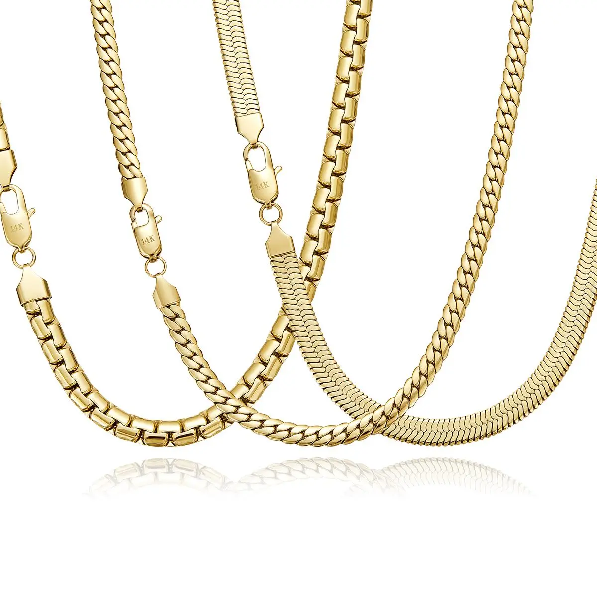 3 Pack Hiphop Chains Kit Herringbone + Flat Box + Miami Cuban 14K Gold Plated Stainless Steel Necklace Set Tarnish Proof & Hypoallergenic Elevate Streetwear