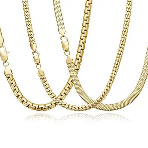 3 Pack Hiphop Chains Kit Herringbone + Flat Box + Miami Cuban 14K Gold Plated Stainless Steel Necklace Set Tarnish Proof & Hypoallergenic Elevate Streetwear