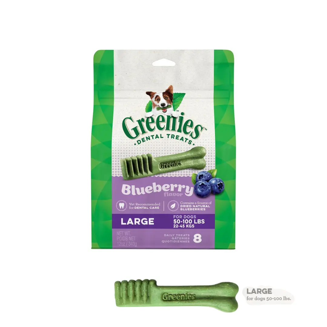 GREENIES Blueberry Flavor Large Dog Dental Treats - 8 Count, Natural Flavors, Gelatin, Glycerin, Potassium Chloride, Biotin, Wheat Flour, Lecithin, Extra Small Compatible, Secure Packaging, Plaque Control, Fresh Breath, Easy Digestion, Crumbly Texture