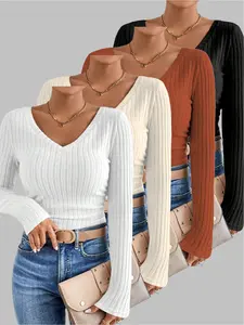 New Women's Autumn and Winter Solid Color Casual Basic V-neck Long Sleeve T-shirt 4-piece Set Womenswear