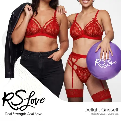 RSLOVE Women's Soft Supportive Embroidery 3-Pc Heart Cut-Out Lace Lingerie Set - High Stretch V-Neck Bra, Panty, Garter Belt, Boudoir-Ready Look, Halloween Costume, Romantic Anniversary Gift