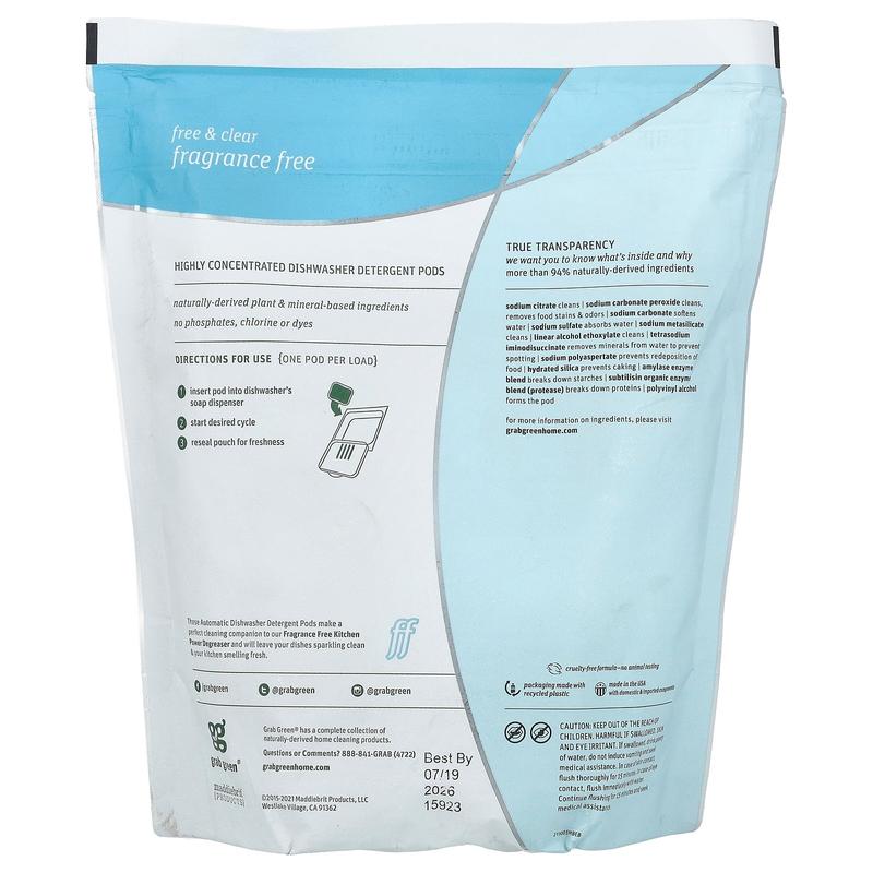 Grab Green Automatic Dishwasher Powder Detergent Pods, Fragrance Free, 60 Loads, 2 lbs 6 oz (1,080 g)