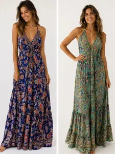 Women's Handmade Kasturi Silk Casual Maxi Dress - Halter Bohemian Gown, Loose-Fit Summer Wear with Premium Fabric