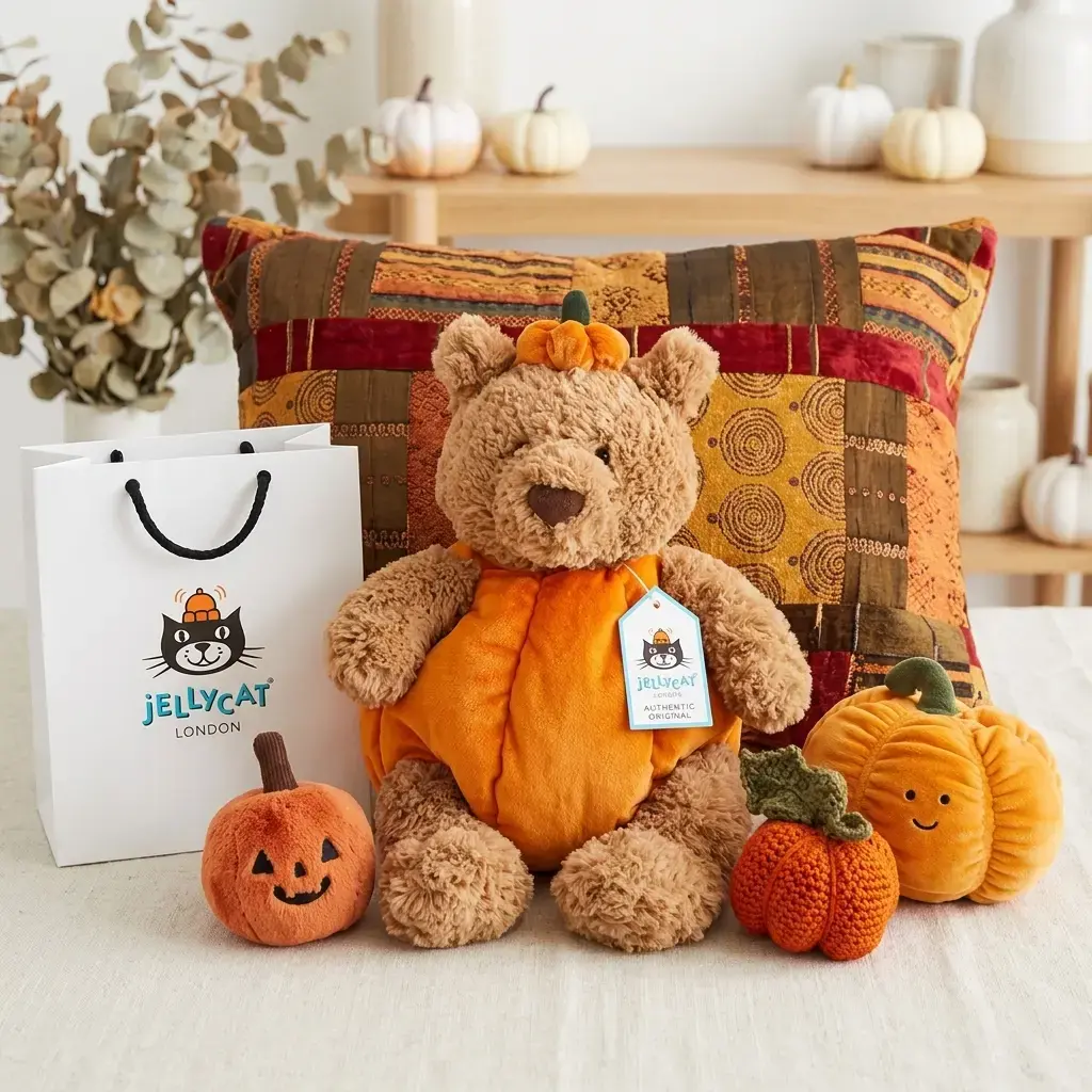 Jellycat Bartholomew Bear in Pumpkin Costume – Soft Cuddly Teddy Plush with Stitched Orange Outfit, Fall Harvest Decor and Halloween Collector Gift