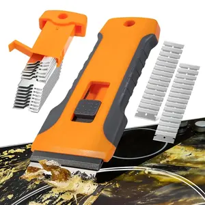 Extendable Glass Scraper Cleaning Tool with 10 Metal Replacement Blades and 10 Plastic Blades, Window Sticker Remover Scraper for Removing Glue Residue, Paint, Labels and Stains, Home Cleaning Scraper Set