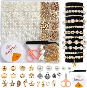 1200 Pcs Pearl Beads and Gold Spacer Beads Set for Jewelry Bracelet Making Kit with String and Charms for Girls Kids Adult DIY Art and Craft