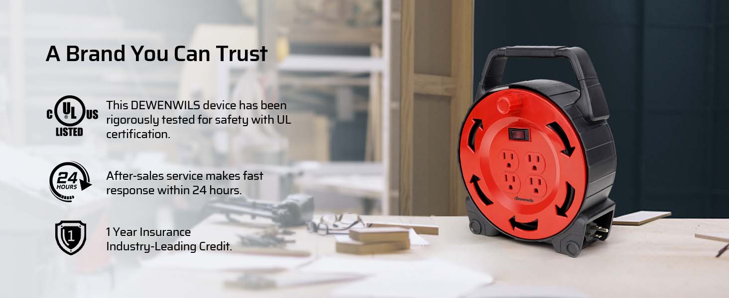 DEWENWILS 30ft Retractable Extension Cord Reel 13A/125V 16/3C SJTW Black Cable 4 Outlets with Circuit Breakers & Power Switch LED for Indoor/Outdoor Use HCRB30B