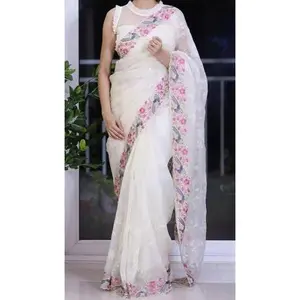 White Organza Silk Sequins Work Party Wear Saree