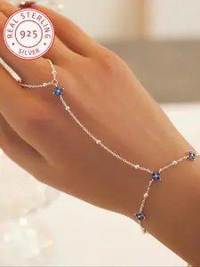 925 Silver Color Ring and Finger Bracelet, Unique Simple Design with Four-Leaf Flower and Imitation Zircon, Stylish Fashion Accessory