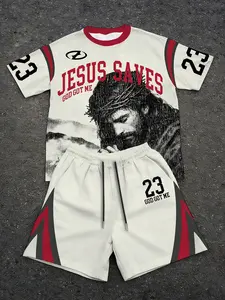 Unisex "JESUS SAVES" Jesus Print God Got Me No.23 American Football Style 2-Piece Set (T-Shirt + Shorts) | Y2K Religious High Street American Retro Streetwear Athletic Set