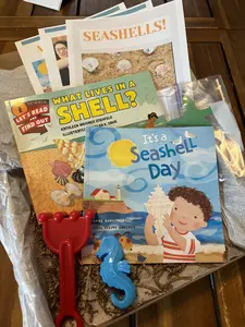 Storylandia July Box, Seashells, 2 books in English, 1 activity guide, 2 toys, 1 seashell craft