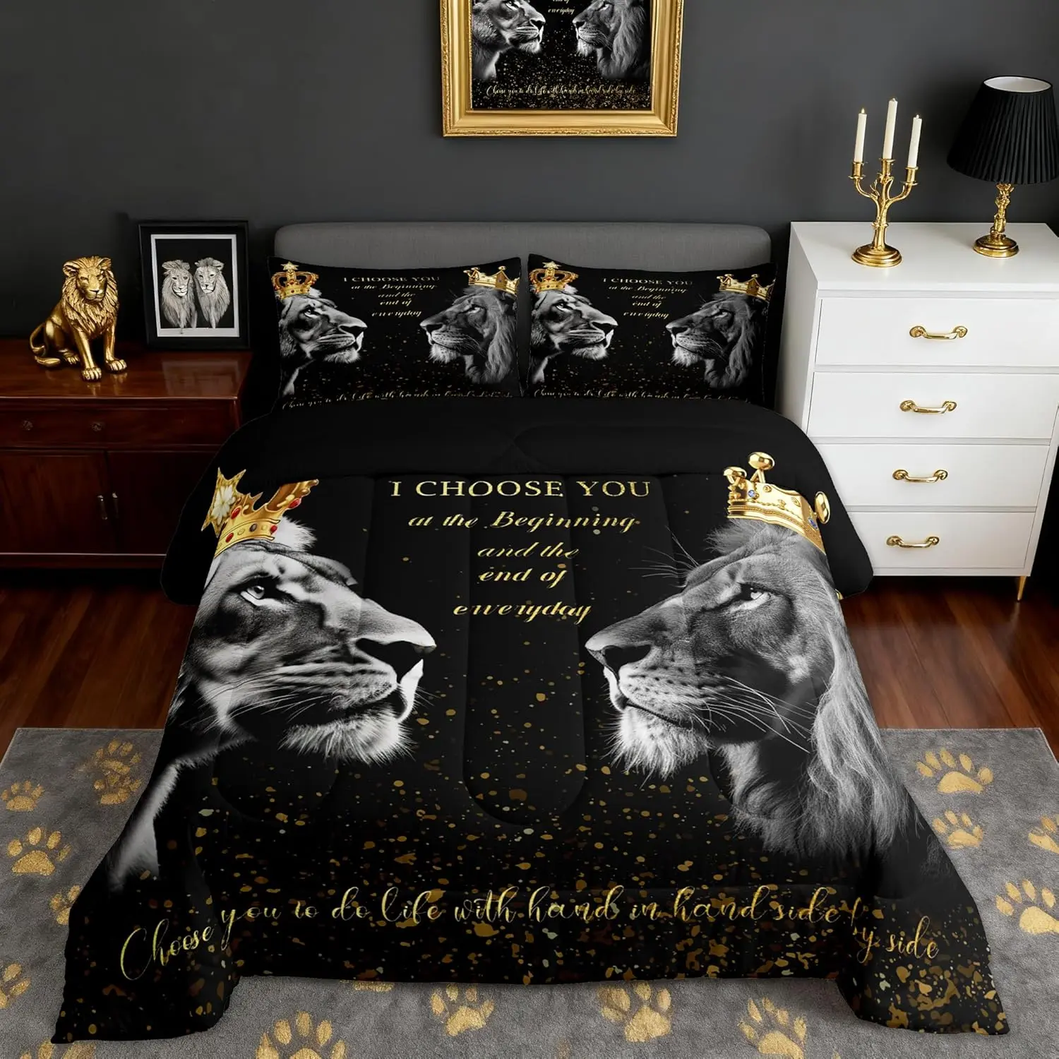 3D Lion Couple Comforter Set,Golden Glitter and Crown Bedding Set Women Men Room Decor,African Wild Animals Quilt Set Valentine's Day Duvet Insert,Black