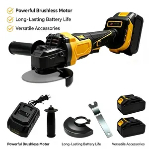 Cordless angle grinder, battery grinder kit, electric cutting tool, brushless motor, 2 x 2.0Ah batteries and charger, for metal cutting, polishing, and grinding.