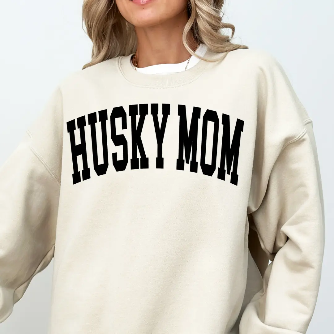 Husky Mom Varsity Sweatshirt Trendy College Font Cute Dog Mama Crewneck Soft Polyester Knit Women's Athletic Fit Orange Color