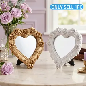 European Style Rose Carved Heart Decorative Mirror, Luxury Resin Desktop Mirror, Romantic Home Decoration, Wedding Gift, Photo Prop