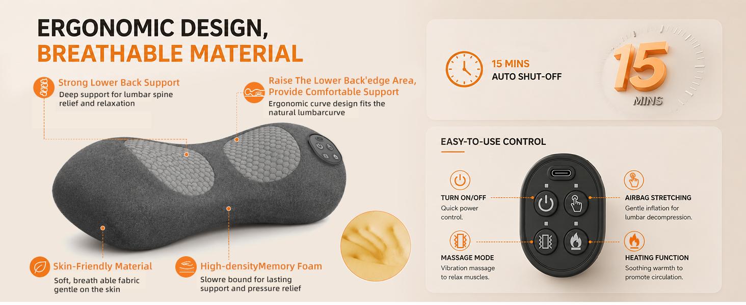 Cordless Heated Lumbar Support Pillow Massage Device - Rechargeable Memory Foam Back Massager with Airbag Spine Align, Vibration Massage, 3 Heat Levels, Removable, Adjustable, Compact Size Fits Office, Car, Sofa