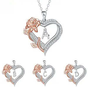 Heart-shaped Rose Flower 26 English Letters Necklace Versatile Style Gift for Girlfriend Gift for Mom Gift for Grandma