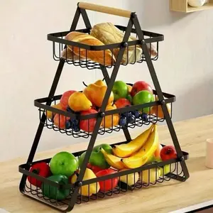 3-Layer Metal Countertop Fruit Basket with Detachable Wooden Handle Sturdy Kitchen Storage Organizer for Fresh Produce Bread and Snacks Perfect for Home and Kitchen Display