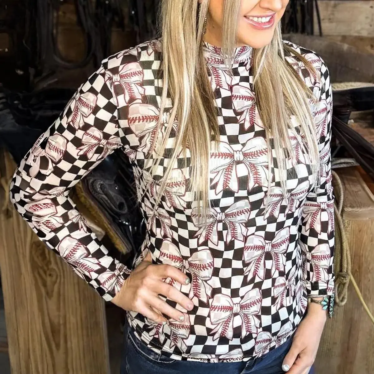 MULLVEIG Women's Casual Game Day Baseball Mesh Top - Checkerboard Print, Mock Neck, Long Sleeve, Sheer Slim Fit Layering Blouse