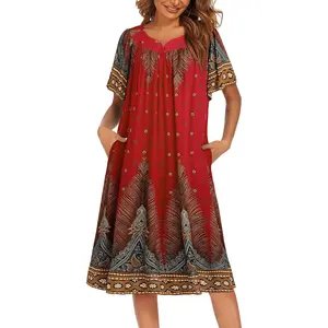 Womens Nightgown Short Sleeve House Dress with Pockets-Floral Print Mumu Dress