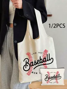 Baseball Mom Life Print Canvas Shoulder Bag, Casual Tote Bag, Heart Handbag & Small Pouch, Best Gift for Mom, Valentine's Day, Bridal Party Makeup Bag