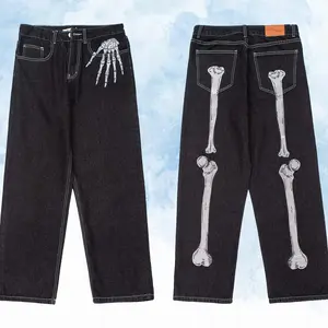 Men's Skull Jeans Y2k, Baggy Pants Streetwear, Trendyol Black Skeleton Trousers Print Casual Vintage