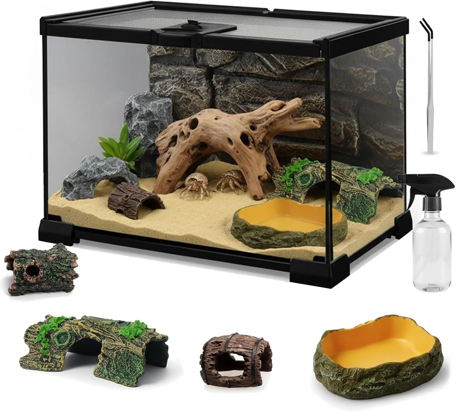 Rectangle Mesh Leakproof Mini Reptile Glass Terrarium Set, Full View Hermit Crab Tank with Easy-Feed Design, Lock & Insect-Resistant Feeding Slot for Lizard, Small Pets