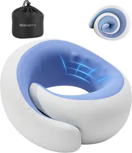 Travel Neck Pillow, Airplane Travel Neck Pillow, Cooling Fabric, 100% Pure Memory Foam for Neck Pain Relief, Ergonomic Support for Long Flight (Blue, Standard Size-(Broad Fit)) WENGTY