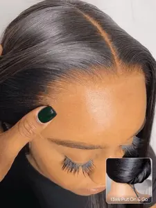 Drawstring Glueless Brazilian Human Hair Wig, Straight 13x4 Lace Front Design, 100% Real Hair Pre-Plucked, Pre Cut HD Transparent Lace, 180 Density Natural Look Pre Everything