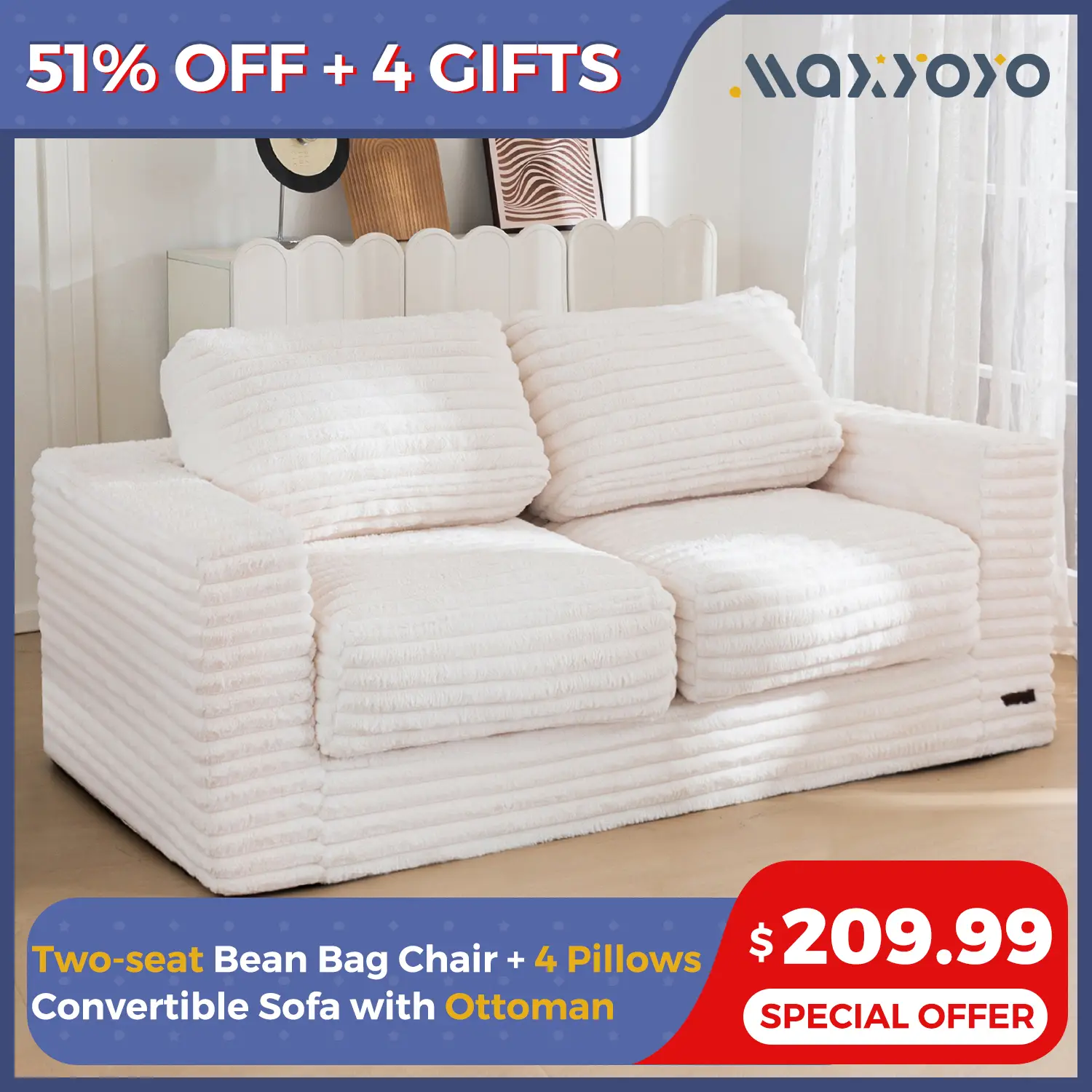 [Please check Size]MAXYOYO Bean Bag Chair, Two-seat Bean Bag Sofa with Pillows and Armrests for Adults, Upholstered Loveseat Floor Sofa Couch Fluffy C