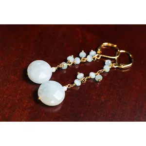 Aquamarine 12mm faceted Dime  Dangling with Aqua Quartz Clusters wire wrapped Gold Leverback earrings ,Boho, Handmade, Gift for Her