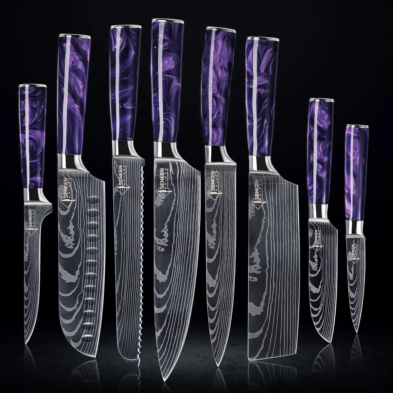'Amethyst' Purple Resin Japanese Kitchen Knife Set with Damascus Blade Pattern - 8-Piece Professional Chef Knife Set, Comes with Luxury Gift Box - Senken Knives