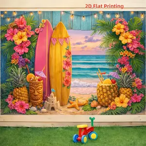 2D Flat 1pc Hawaiian Surf Beach Backdrop Banner, Tiki Totem Pineapple Starfish Photography Background, Ideal for Summer Pool Party, Luau Themed Event, Beach Vacation, Photo Booth Decor, Multiple Sizes Available