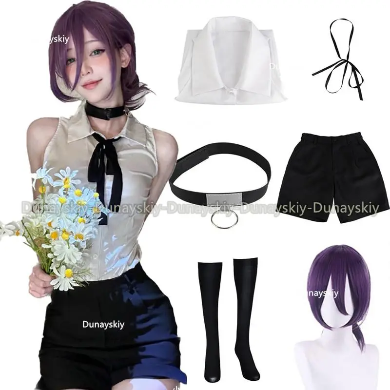 C1 Anime Cosplay Clothes for Lady, Polyester Party Costume Set with Shirt, Shorts, Wig, Tie, and Neck Ring Accessories, Women's Clothes, Collared Shirt