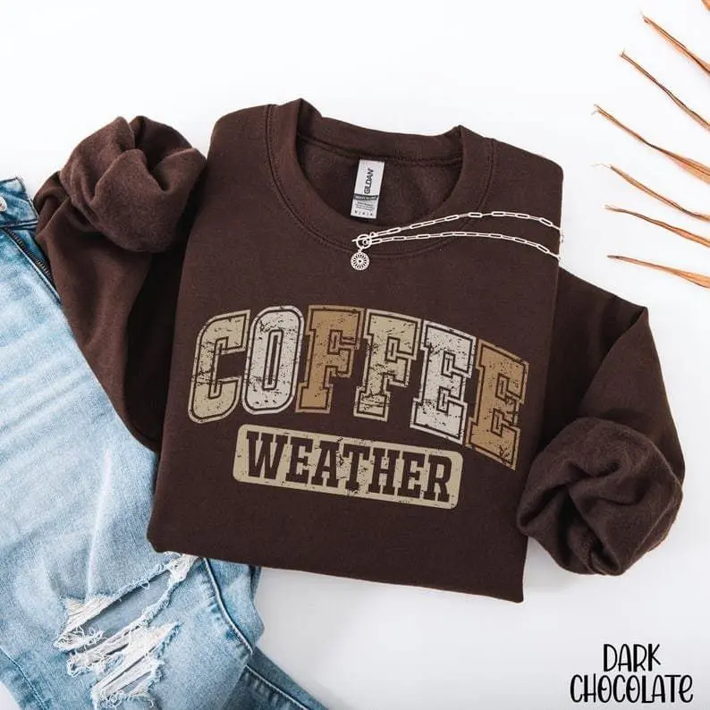 [Sale off up to 50%] Retro Coffee Weather Sweatshirt Fall Coffee Lover Crewneck Casual Sweatshirt Crewneck Top Casual Pullover Tops Funny Relatable Sweatshirt