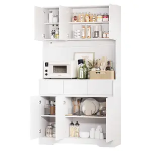 Modern Kitchen Pantry Cabinet Freestanding Side Cabinet with Large Closed Storage, Open Display Shelves and Microwave Compartment for Home Organization