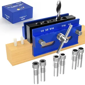 Self Centering Doweling Jig Kit, Drill Jig For Straight Holes Biscuit Joiner Set With 6 Drill Guide Bushings, Adjustable Width Drilling Guide Power Tool Accessory Jigs (Blue)