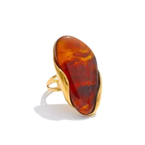 Amber Color Non-Natural Crystal Statement Ring-Gold Tone Adjustable