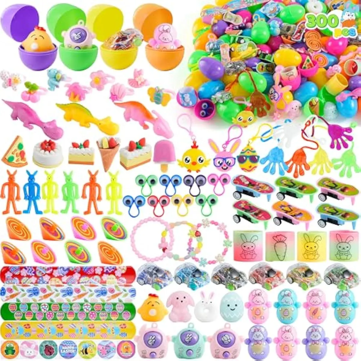 300 Pcs Easter Eggs Bulk with Toys, Assorted Easter Fillers Include 100 Eggs, 100 Toys & 100 Pcs Theme Stickers for Kids Hunt, Basket Stuffers, Party Favors Prize