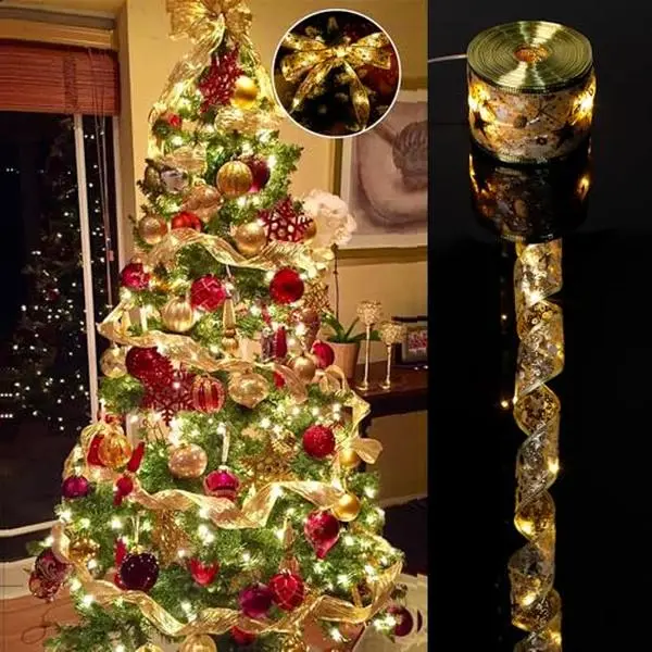 Ribbon Lights 32ft 100 LED Christmas Tree Decorations Battery Powered String Lights Copper Wire Ribbon Bows Lights for Easter Party Weddings Holiday Christmas Tree Decorations