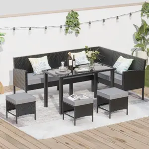 [Bellemave]Small space patio furniture 7-piece outdoor furniture set, backyard furniture set, waterproof seat cushion, glass table, space saving, suitable for backyard, terrace or garden,blue