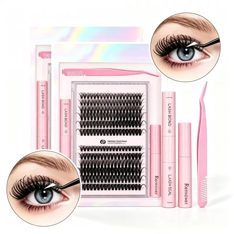 DIY Cluster Lash Extension Kit - Gentle Individual Fluffy False Eyelash Clusters with Lash Bond Seal Glue, Remover, Application Tweezers, At-Home Reusable Set for Beginners’ Daily Makeup, Easy to Apply & Remove