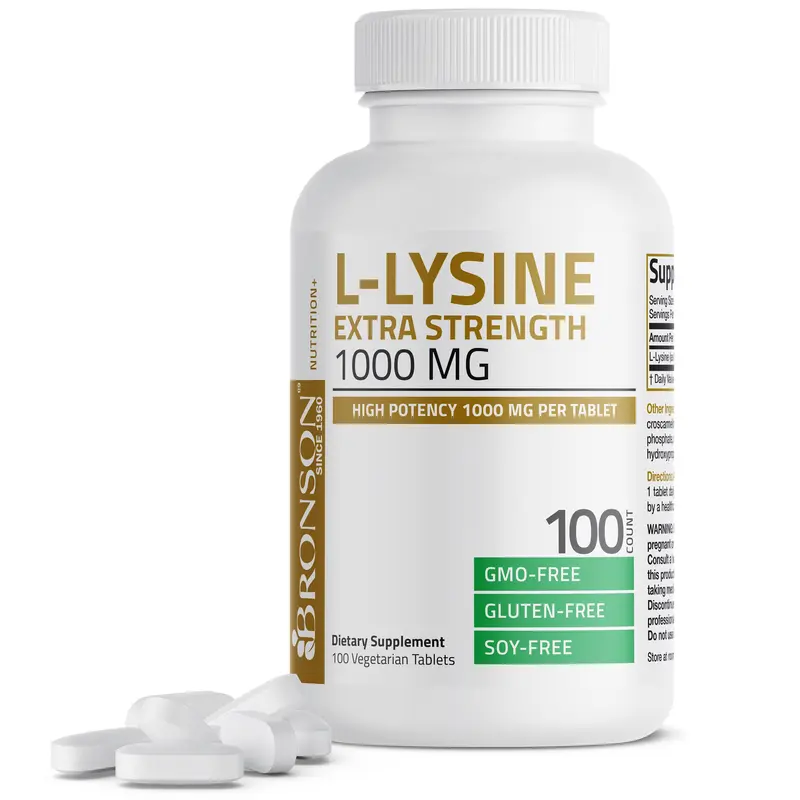 Bronson Labs L-Lysine HCI 1000 MG All Natural Non-GMO Dietary Supplement - Immune Support, Collagen Synthesis, Gluten-Free Vegetarian Capsules, 100 Tablets, Vitamins & Minerals Wellness Aid (Other Ingredients: Microcrystalline Cellulose)