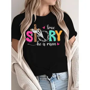 Easter Christian Gift T-Shirt, "True Story He Is Risen" Colorful Cross Graphic Tee